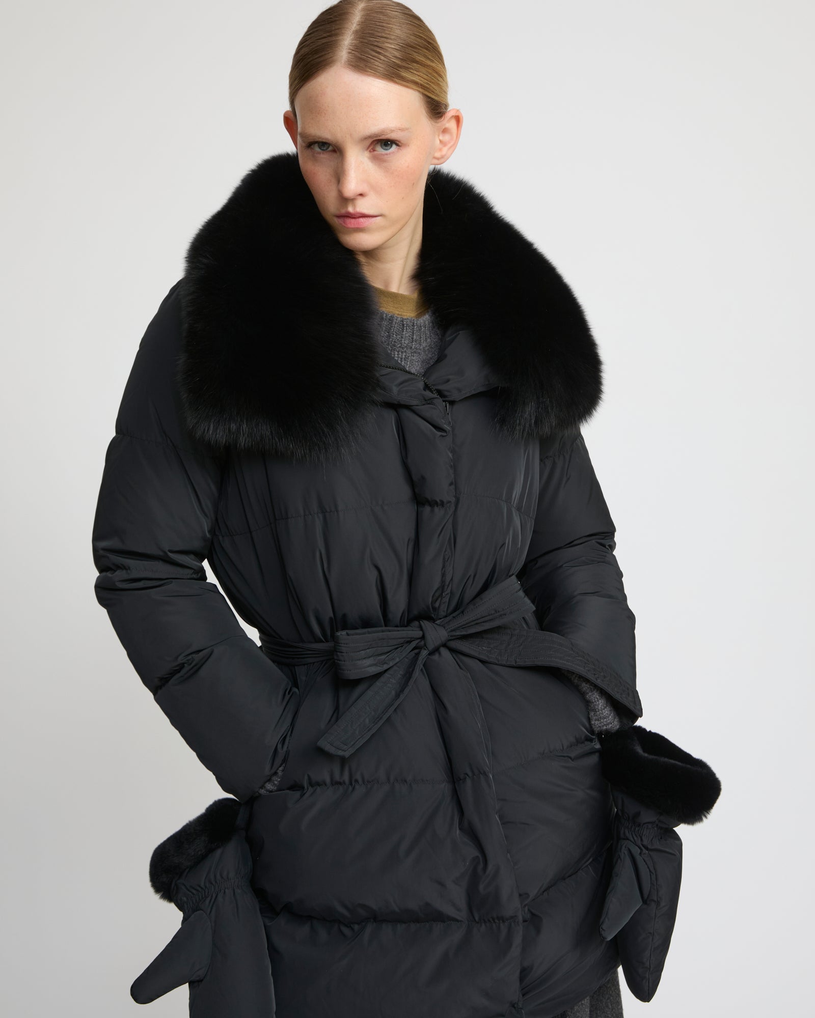 Long belted down jacket in technical fabric with detachable fox