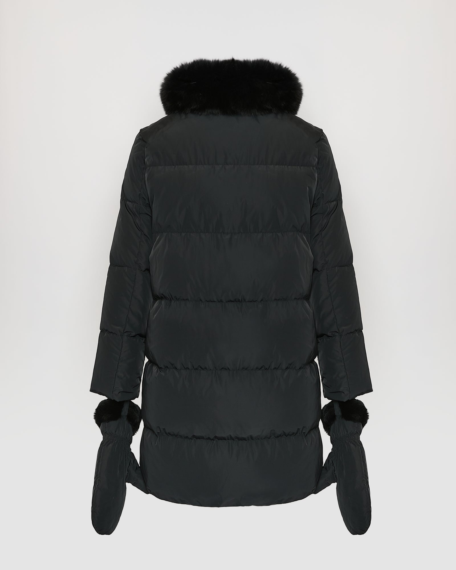Long belted down jacket in technical fabric with detachable fox