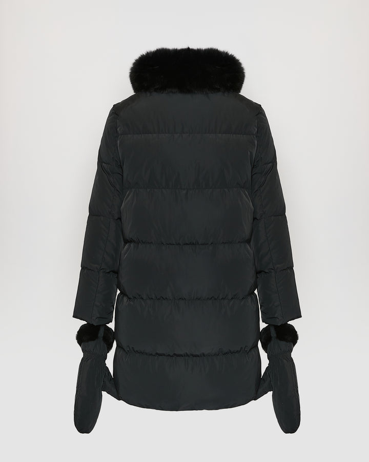 Black Friday - Yves Salomon - Long belted down jacket in technical fabric with detachable fox fur collar - black - back view
