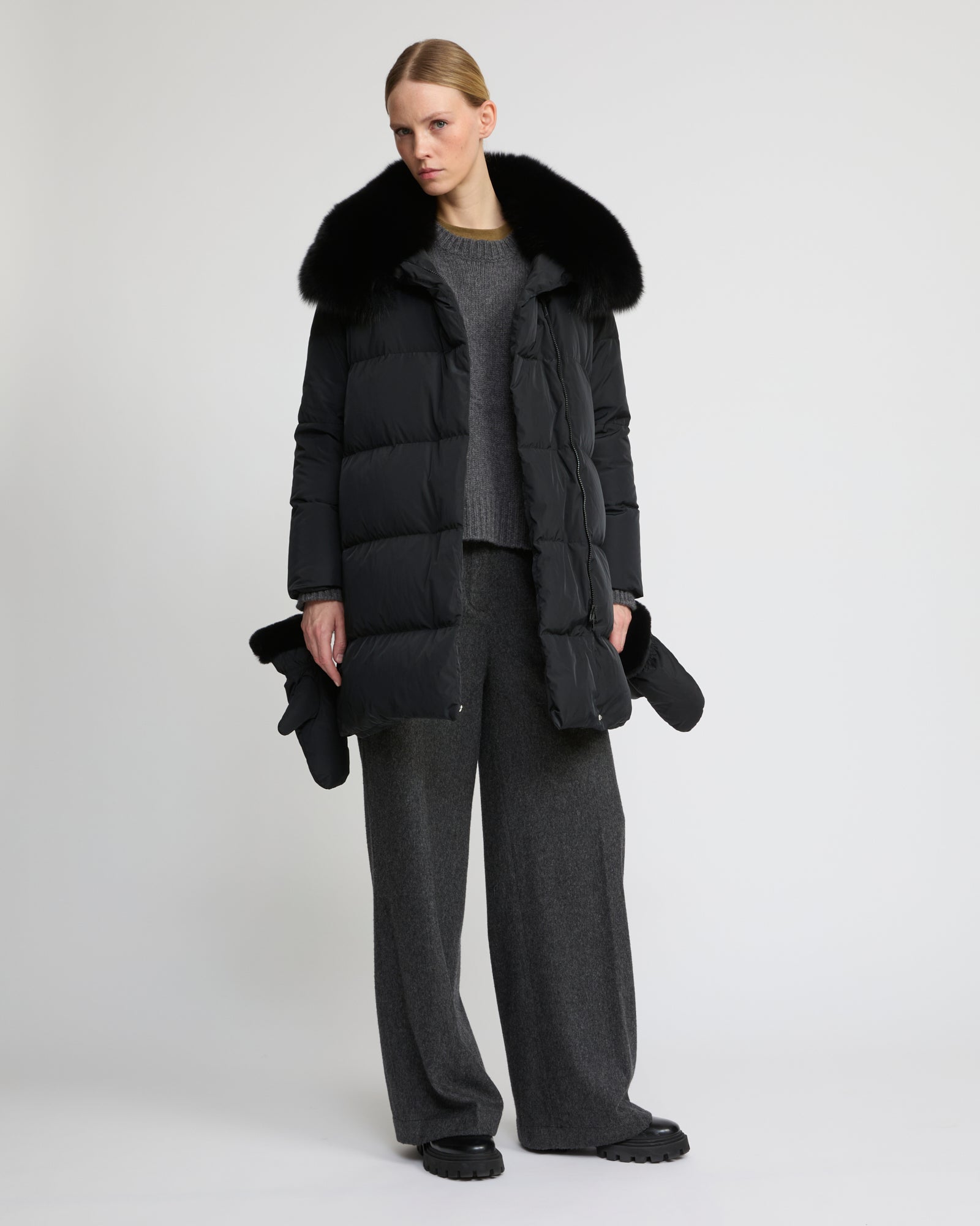 Long belted down jacket in technical fabric with detachable fox