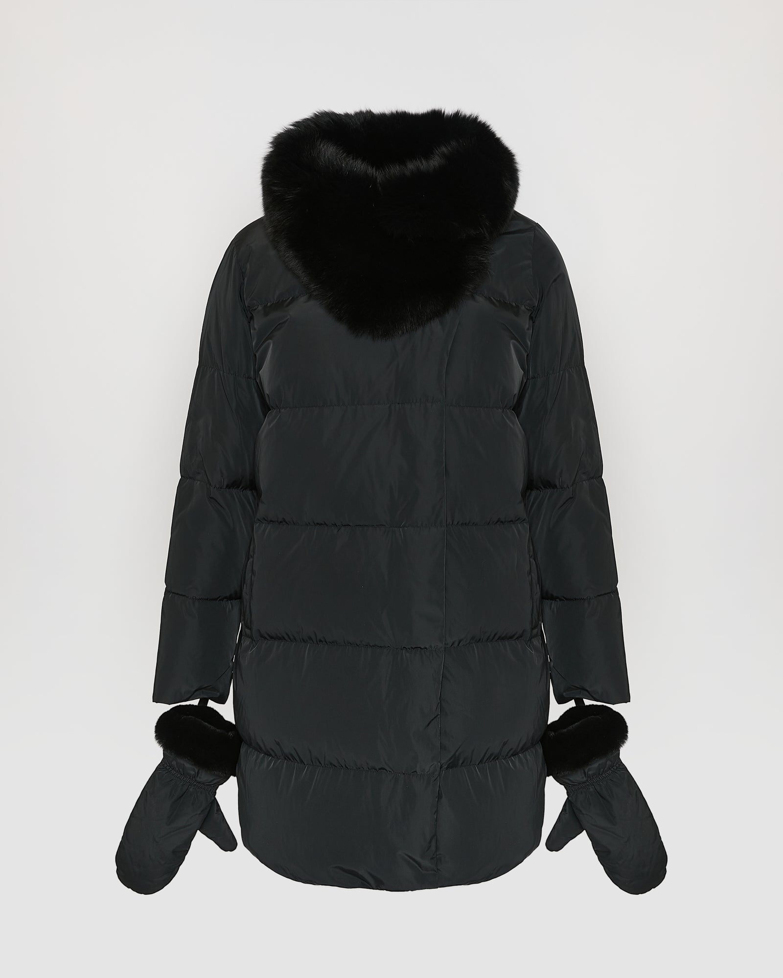 Long belted down jacket in technical fabric with detachable fox