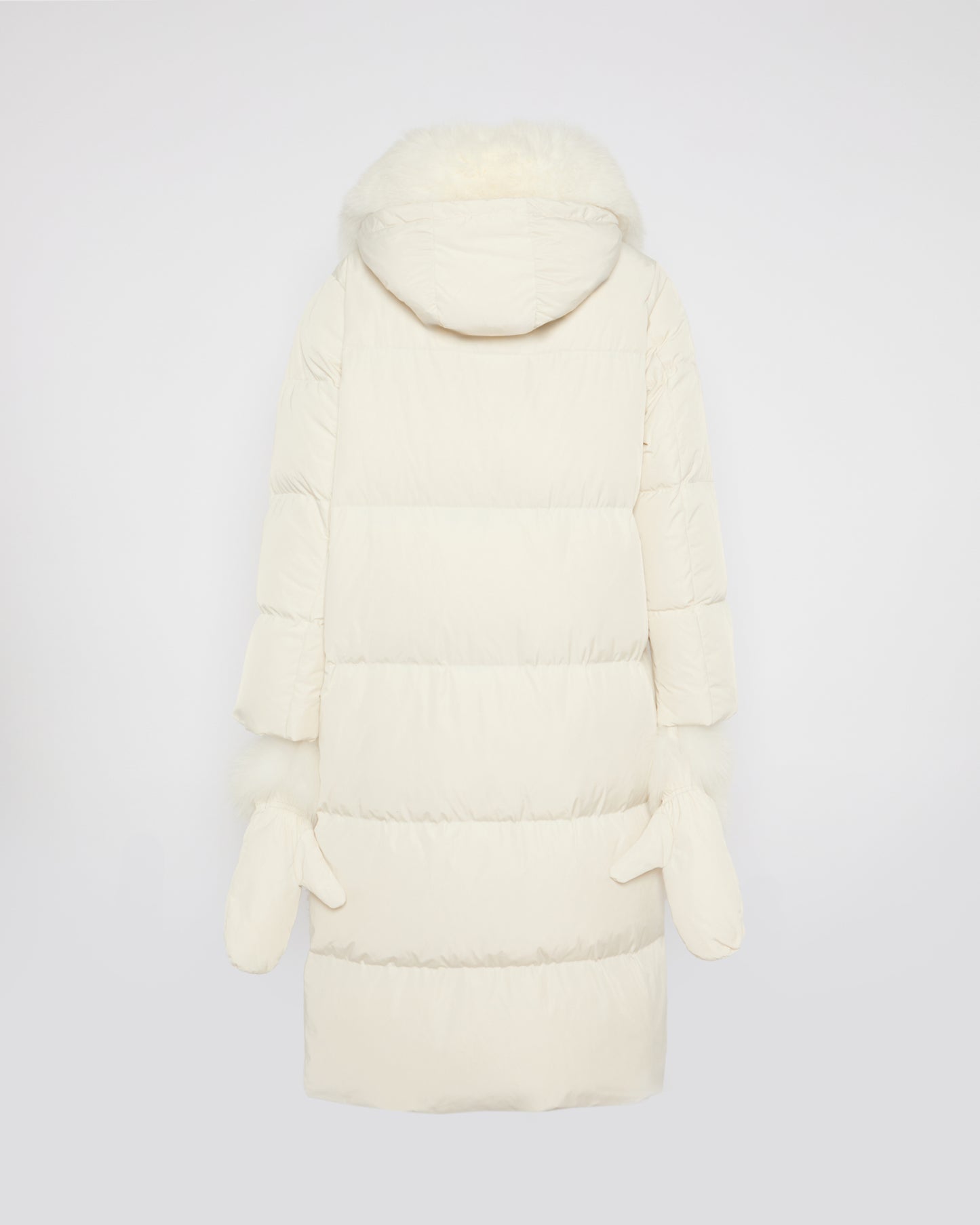 Long down jacket in technical fabric with detachable fox fur collar