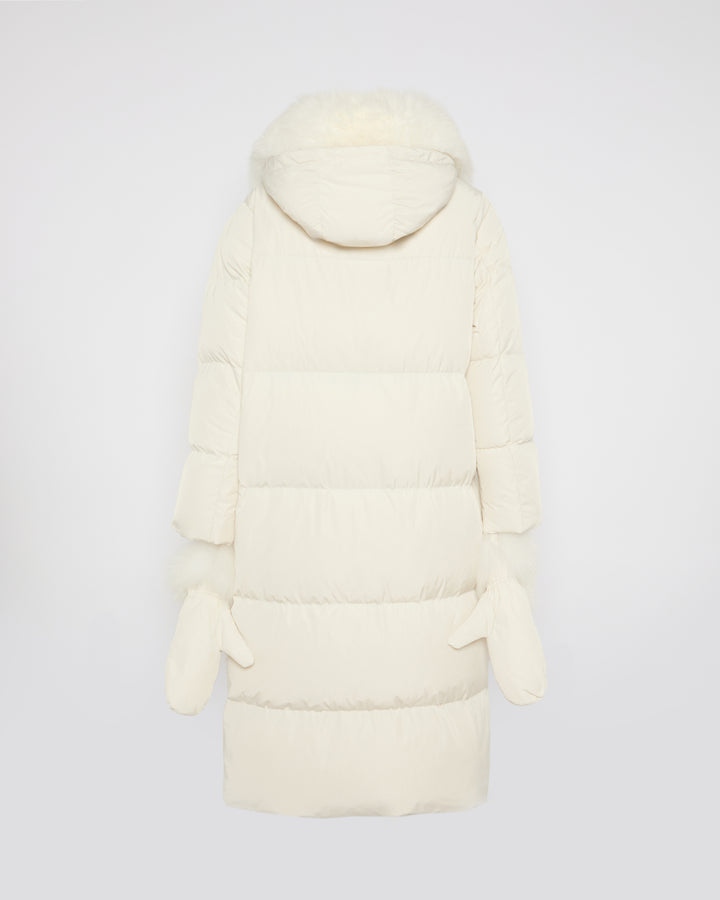 Long down jacket in technical fabric with detachable fox fur collar