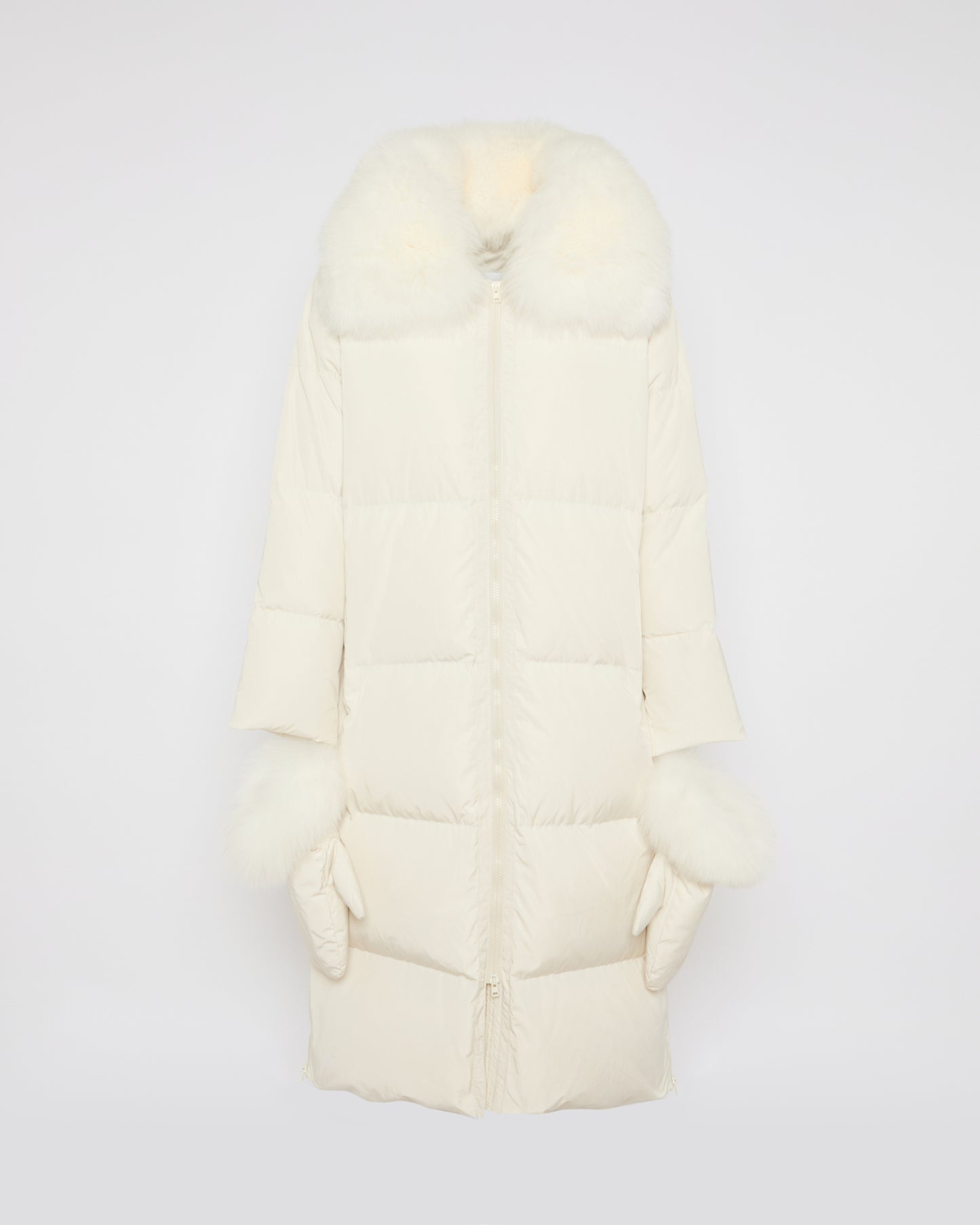 Long down jacket in technical fabric with detachable fox fur collar