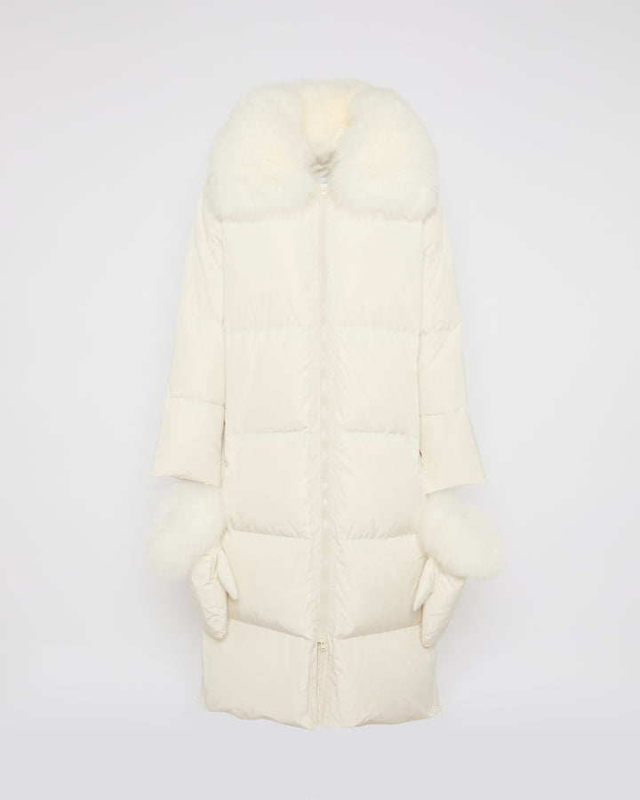 Long down jacket in technical fabric with detachable fox fur collar