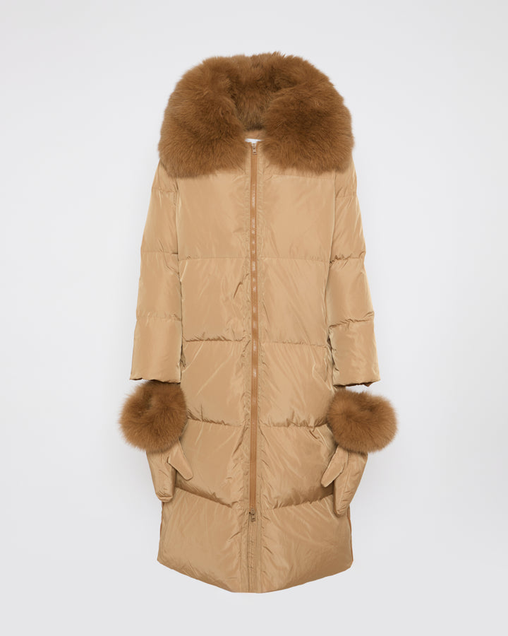 Long down jacket in technical fabric with detachable fox fur collar