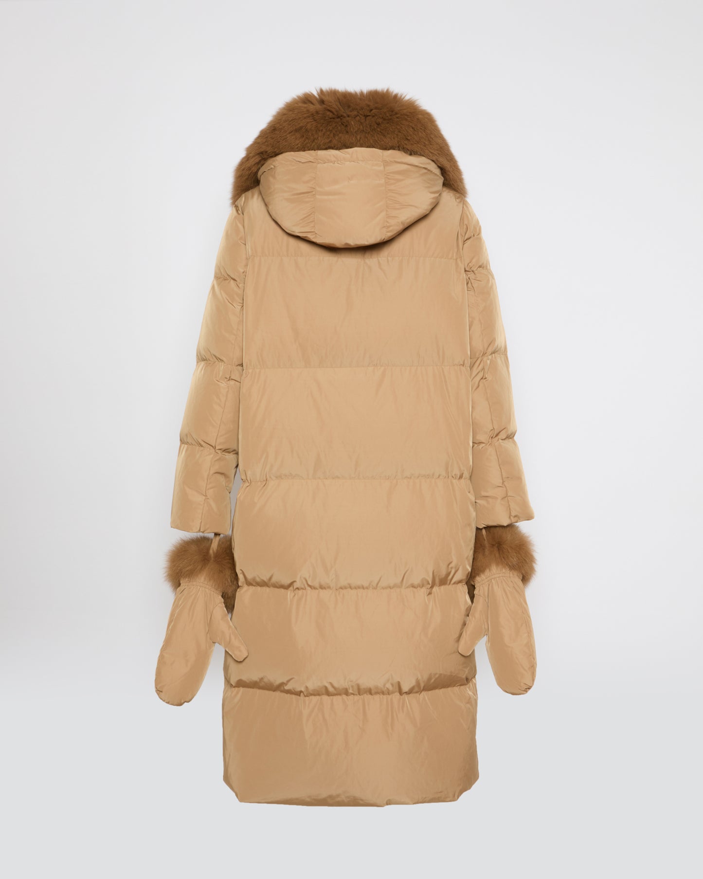 Long down jacket in technical fabric with detachable fox fur collar