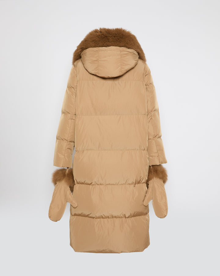 Long down jacket in technical fabric with detachable fox fur collar