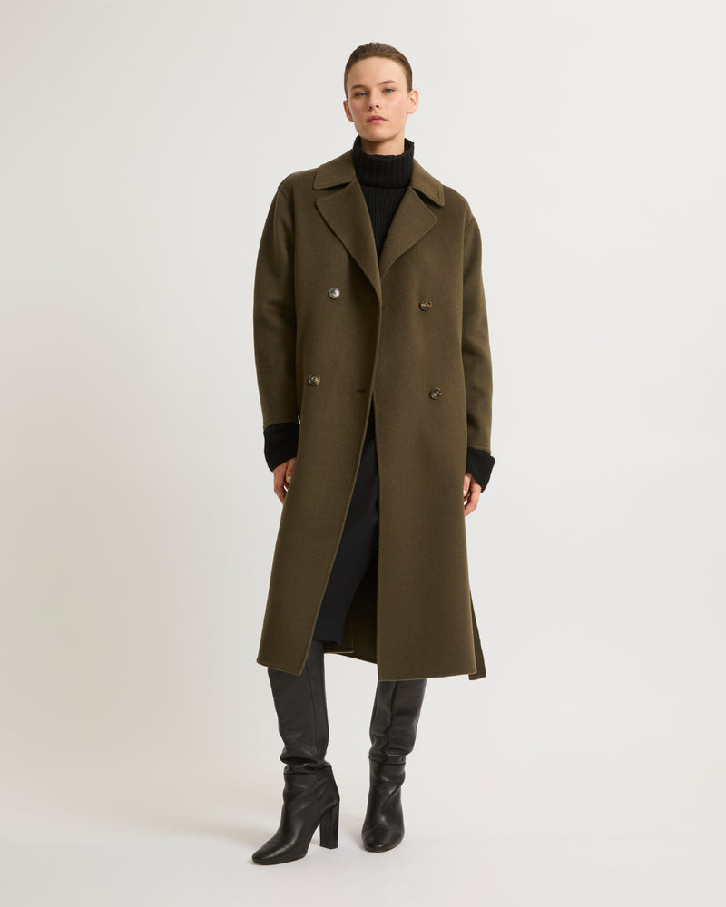 Long cashmere-blend trench coat with removable collar - khaki - Yves Salomon