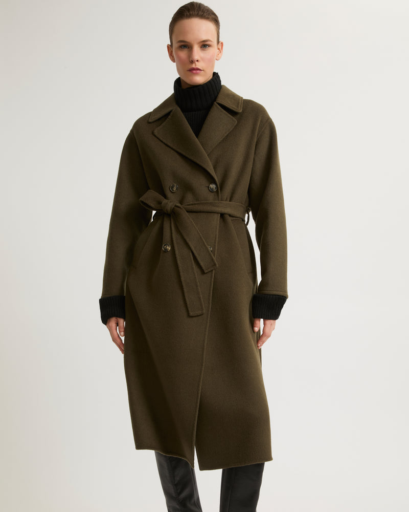 Long cashmere-blend trench coat with removable collar - khaki - Yves Salomon