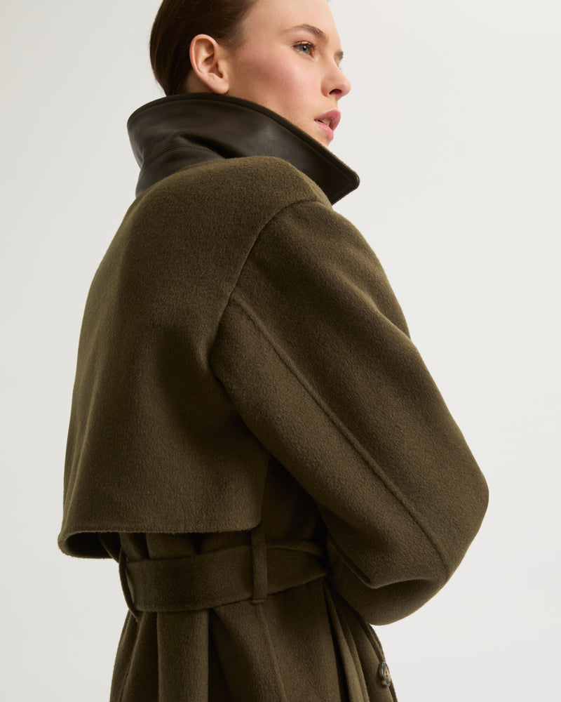 Long cashmere-blend trench coat with removable collar - khaki - Yves Salomon