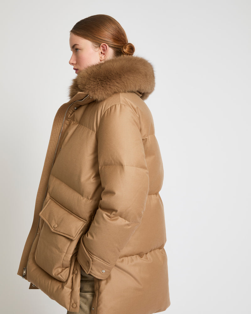 Mid-length down jacket in Loro Piana flannel fabric with detachable fox fur collar - camel - Yves Salomon