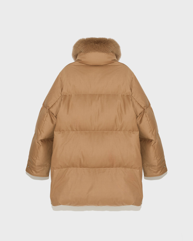 Mid-length down jacket in Loro Piana flannel fabric with detachable fox fur collar - camel - Yves Salomon