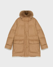 Mid-length down jacket in Loro Piana flannel fabric with detachable fox fur collar