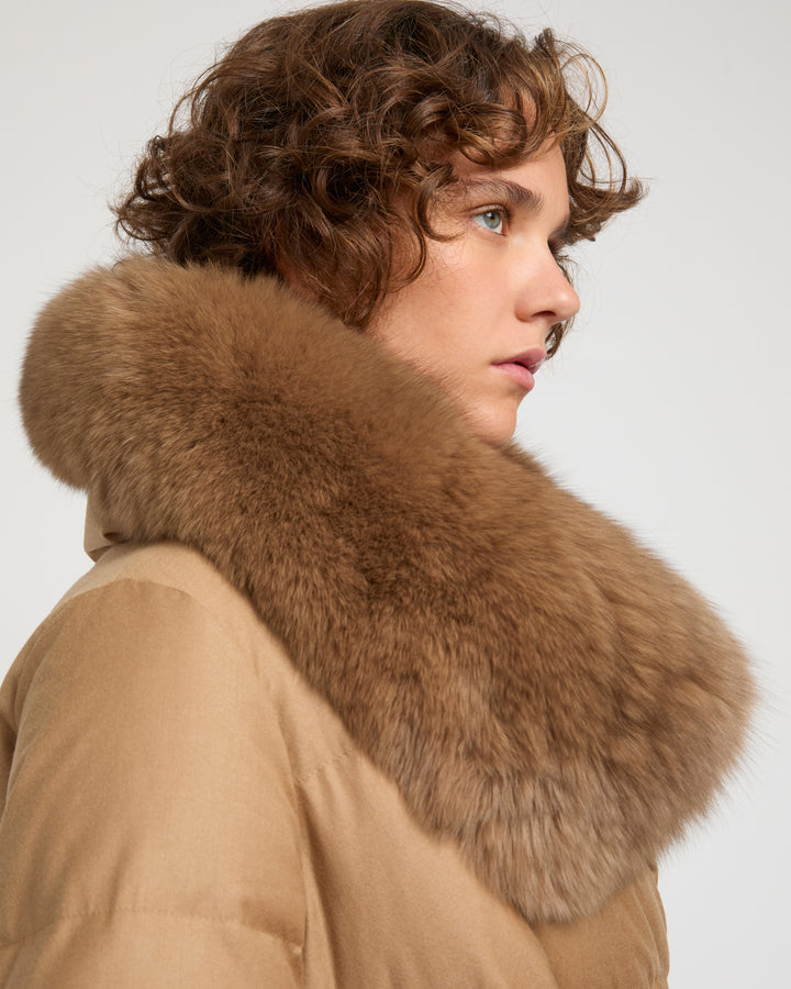 Long Down Jacket made with Loro Piana flannel with fox fur collar