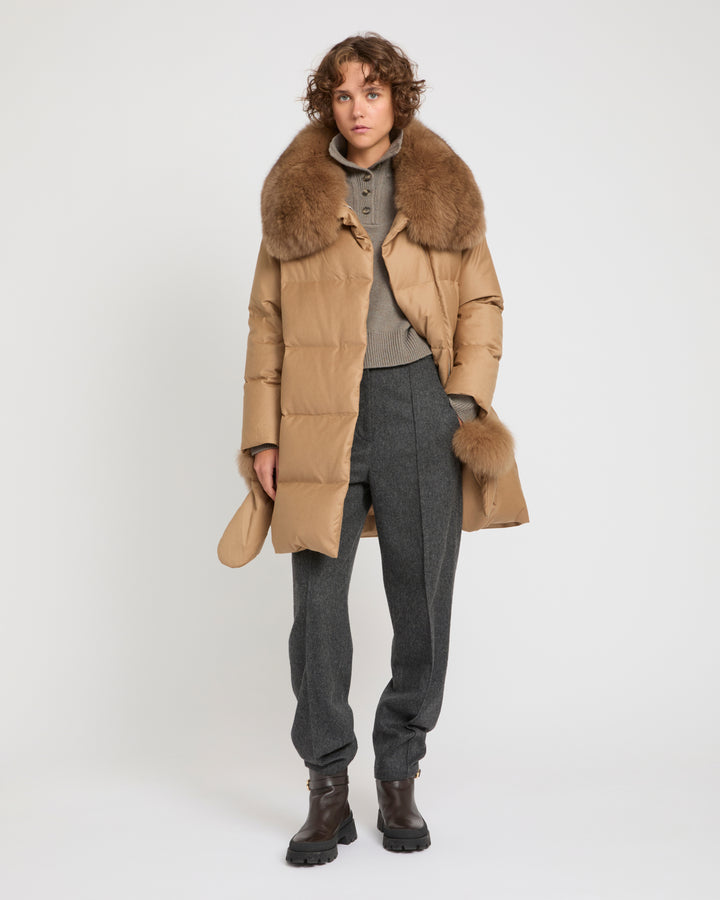 Long Down Jacket made with Loro Piana flannel with fox fur collar