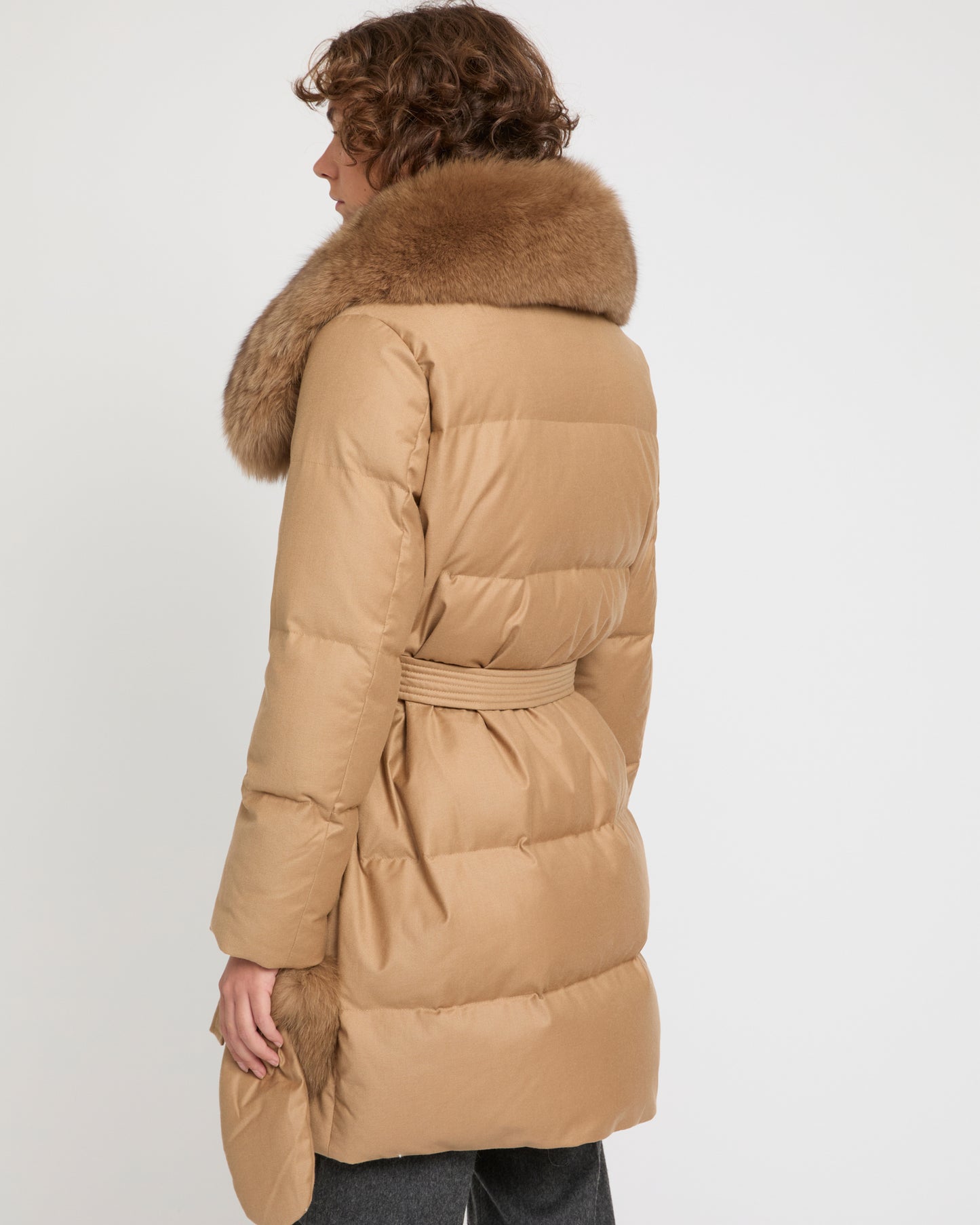 Long Down Jacket made with Loro Piana flannel with fox fur collar