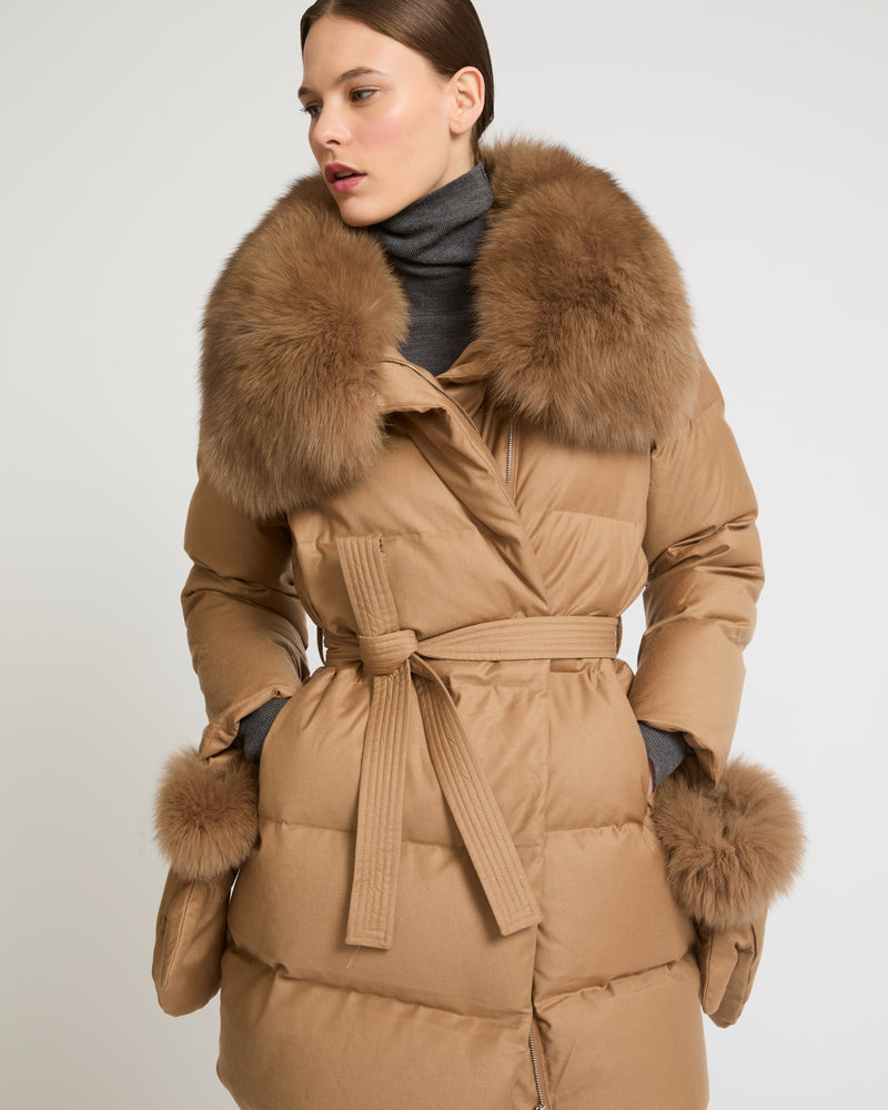 Loro Piana flannel down coat with detachable fox fur collar - camel - Yves Salomon