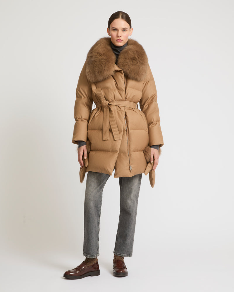 Loro Piana flannel down coat with detachable fox fur collar - camel - Yves Salomon