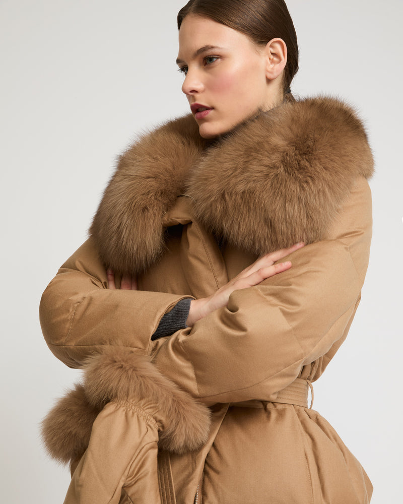 Loro Piana flannel down coat with detachable fox fur collar - camel - Yves Salomon