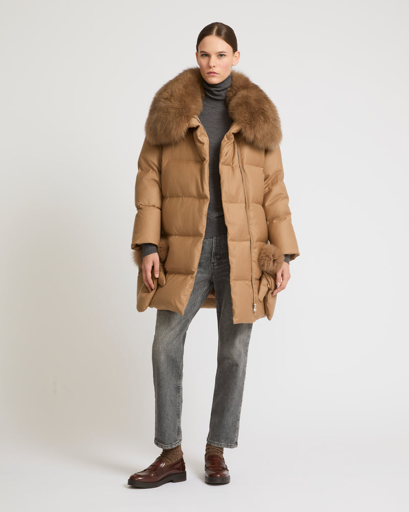 Loro Piana flannel down coat with detachable fox fur collar - camel - Yves Salomon