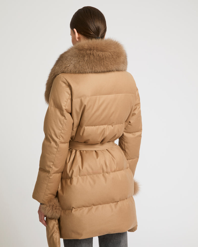 Loro Piana flannel down coat with detachable fox fur collar - camel - Yves Salomon