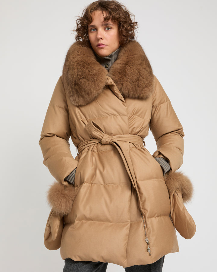 Long Down Jacket made with Loro Piana flannel with fox fur collar