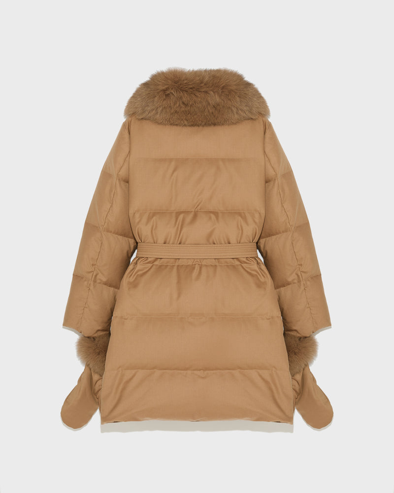 Loro Piana flannel down coat with detachable fox fur collar - camel - Yves Salomon