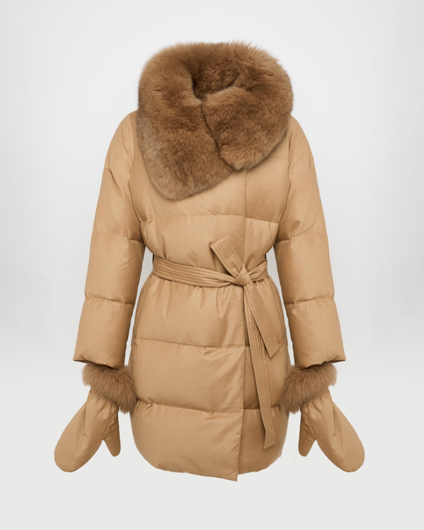 Long Down Jacket made with Loro Piana flannel with fox fur collar