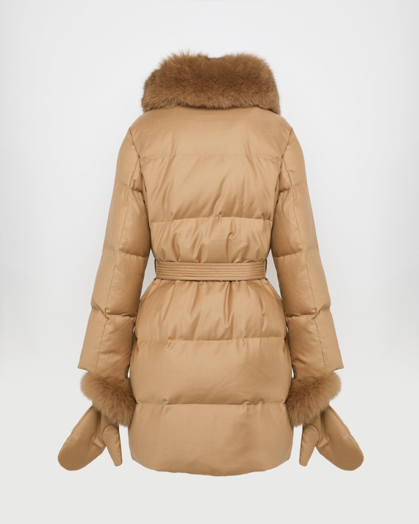 Long Down Jacket made with Loro Piana flannel with fox fur collar