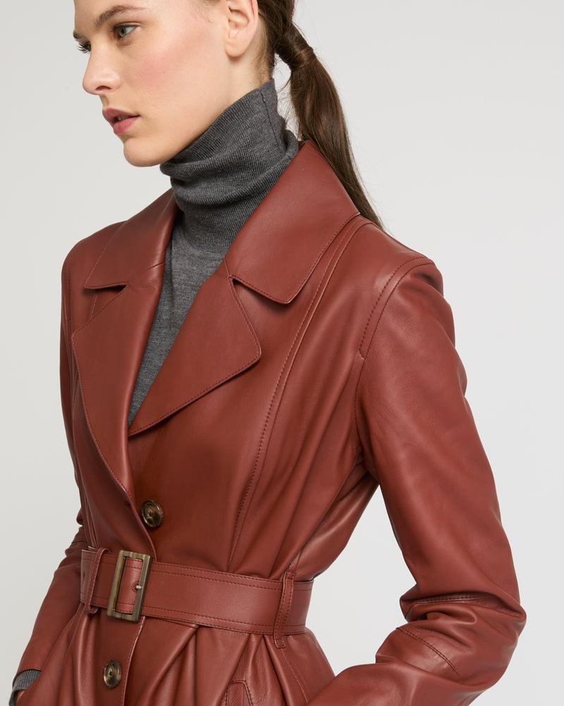 Long silhouette coat in lambskin leather - burgundy - Yves Salomon