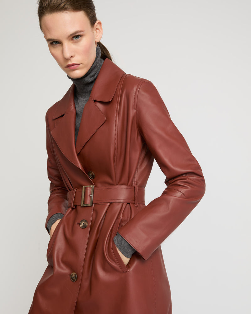 Long silhouette coat in lambskin leather - burgundy - Yves Salomon