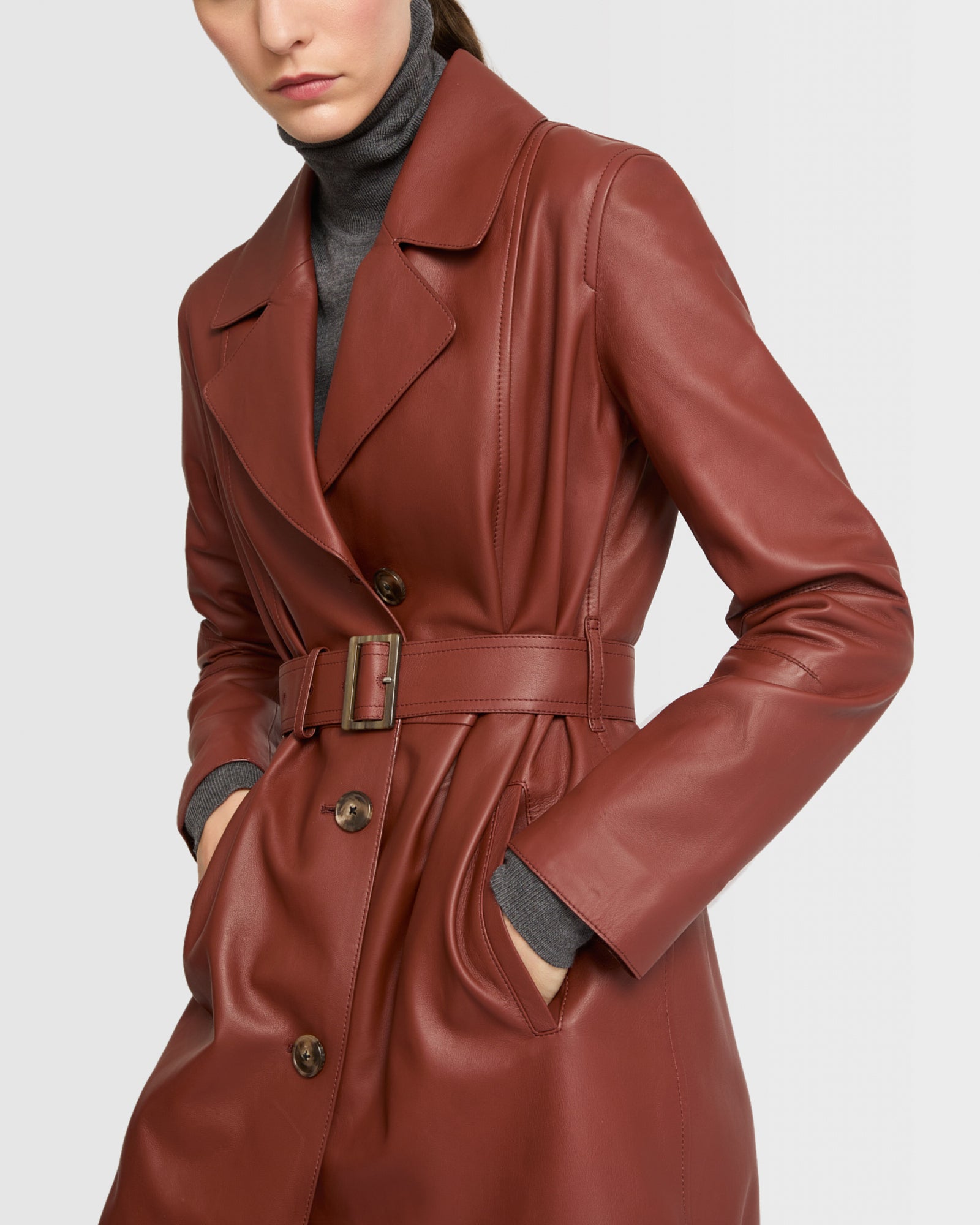 Long silhouette coat in lambskin leather - burgundy - Yves