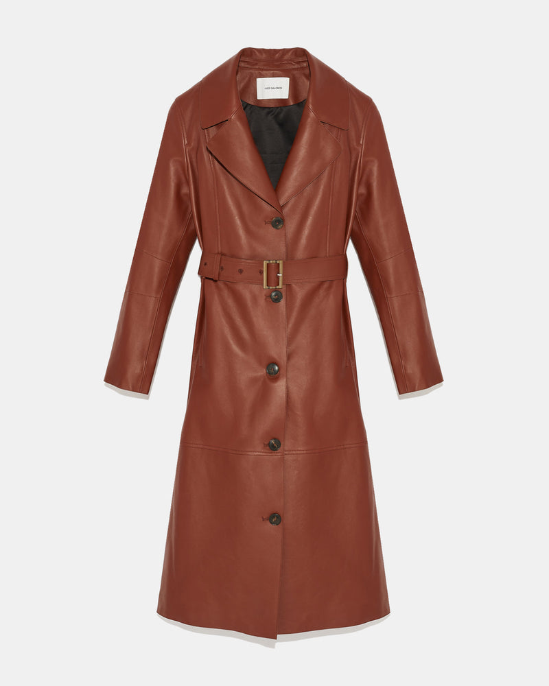 Long silhouette coat in lambskin leather - burgundy - Yves Salomon