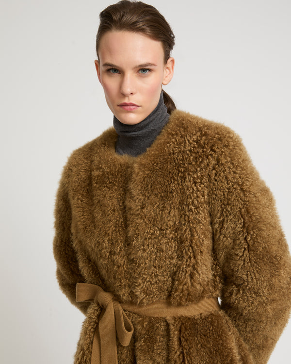 Coat in merino knit and lambskin - camel - Yves Salomon