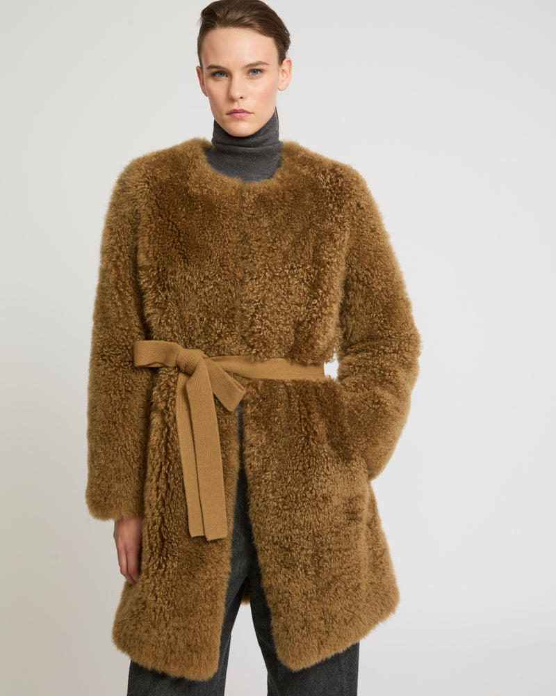 Coat in merino knit and lambskin - camel - Yves Salomon