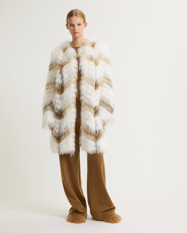 Belted coat in merino knit and fox fur - white natural mixed - Yves Salomon