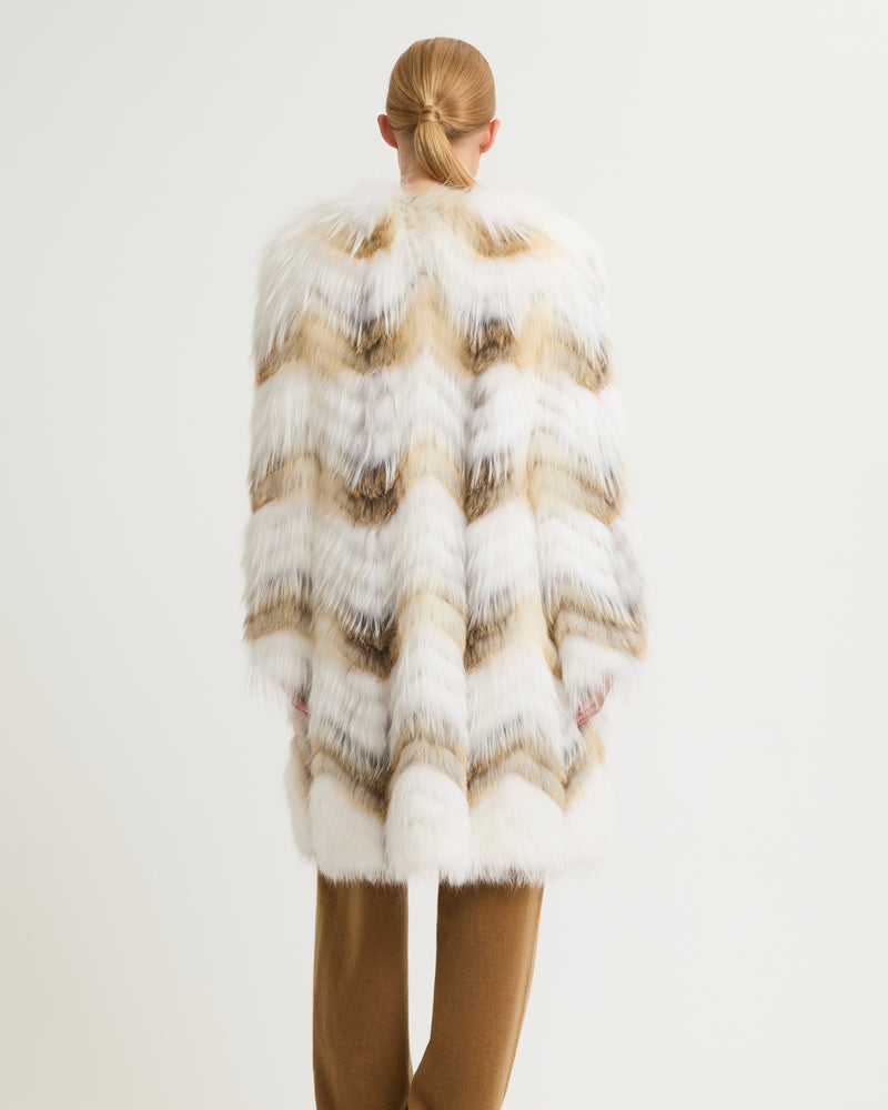 Belted coat in merino knit and fox fur - white natural mixed - Yves Salomon