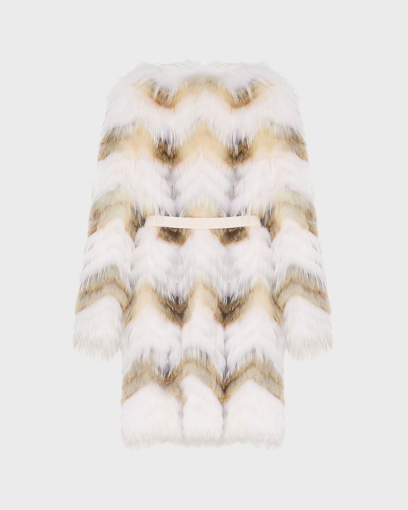 Belted coat in merino knit and fox fur - white natural mixed - Yves Salomon