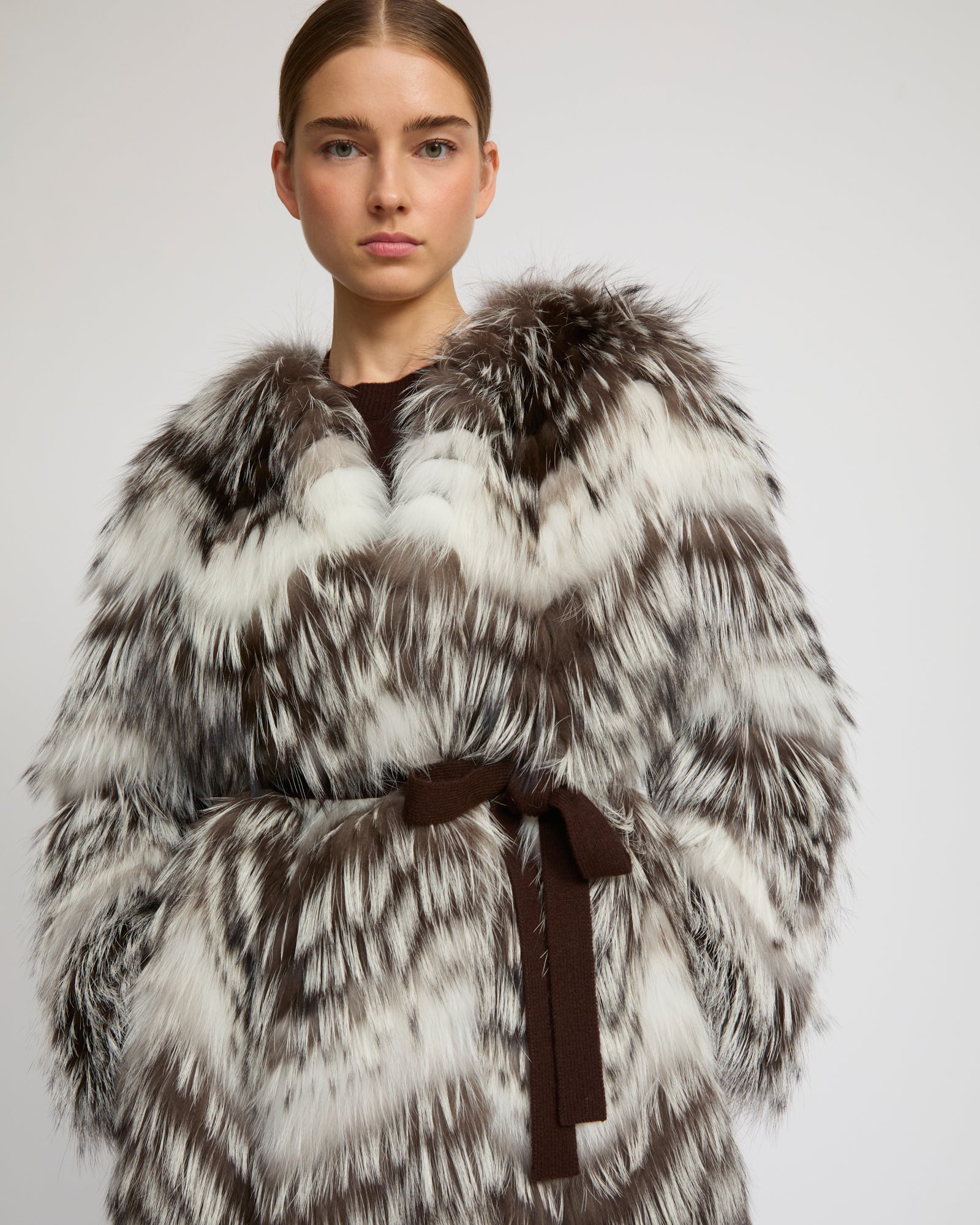 Belted coat in merino knit and fox fur - Yves Salomon