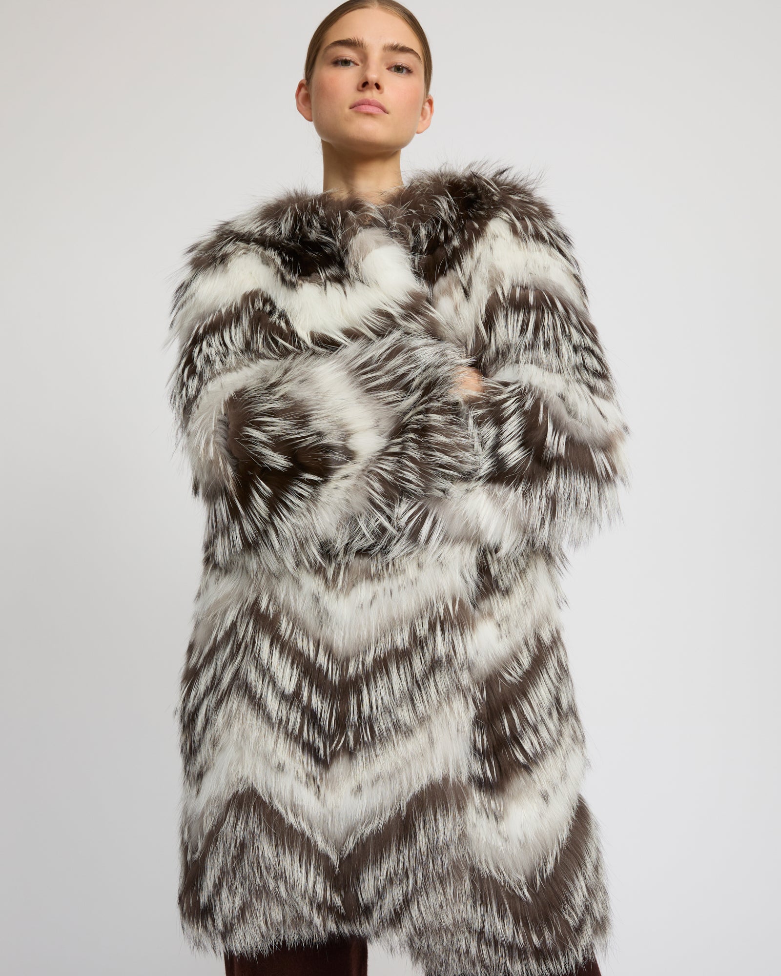 Belted coat in merino knit and fox fur - Yves Salomon