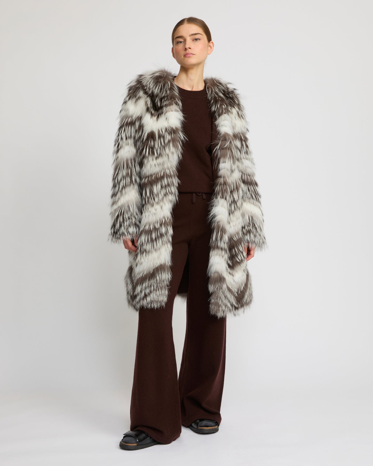 Belted coat in merino knit and fox fur - Yves Salomon