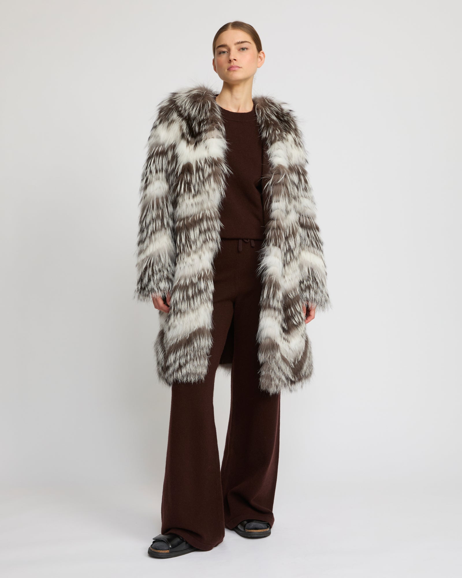 Belted coat in merino knit and fox fur - Yves Salomon