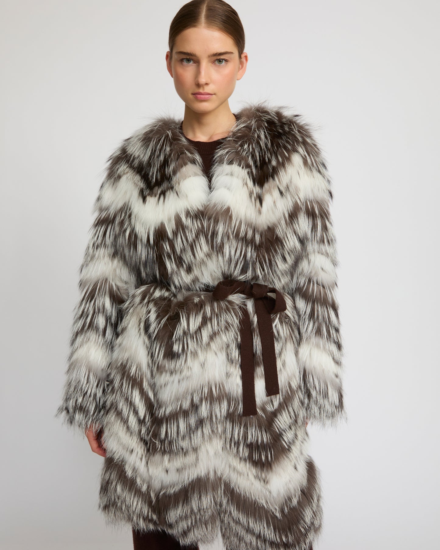 Belted coat in merino knit and fox fur - Yves Salomon