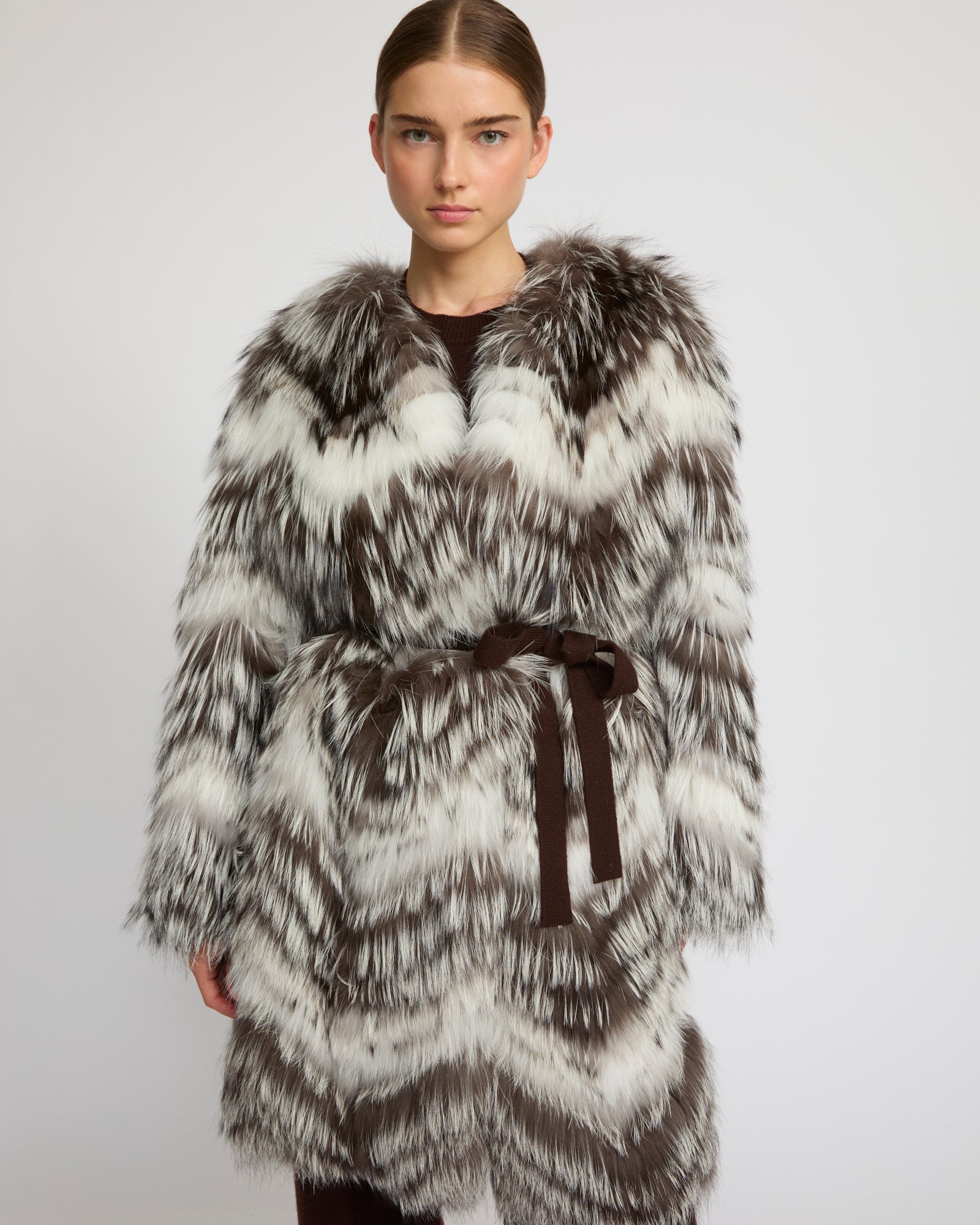 Belted coat in merino knit and fox fur - Yves Salomon