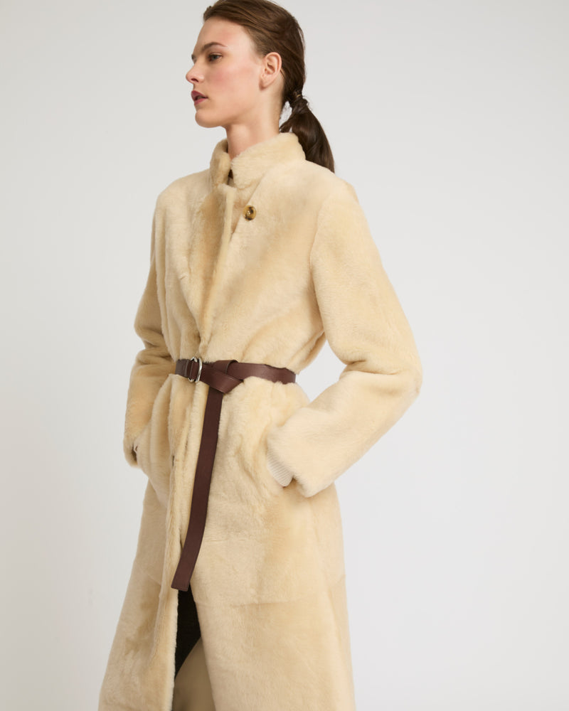 Straight belted shearling coat - white - Yves Salomon