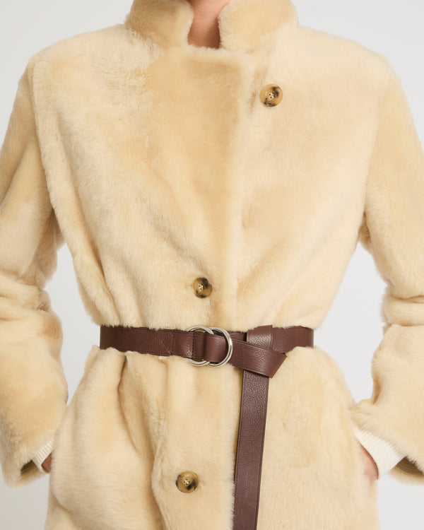 Straight belted shearling coat - white - Yves Salomon