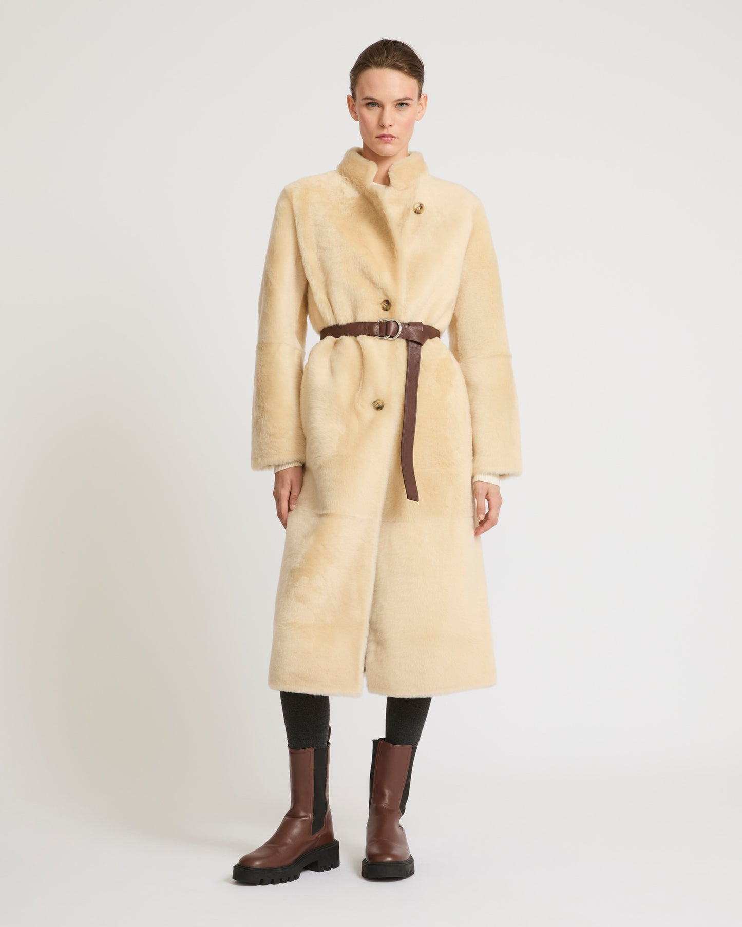 Straight belted shearling coat-Yves salomon-Winter sale & boxing day