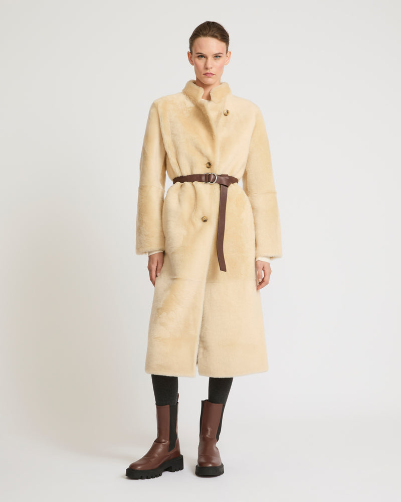 Straight belted shearling coat - white - Yves Salomon