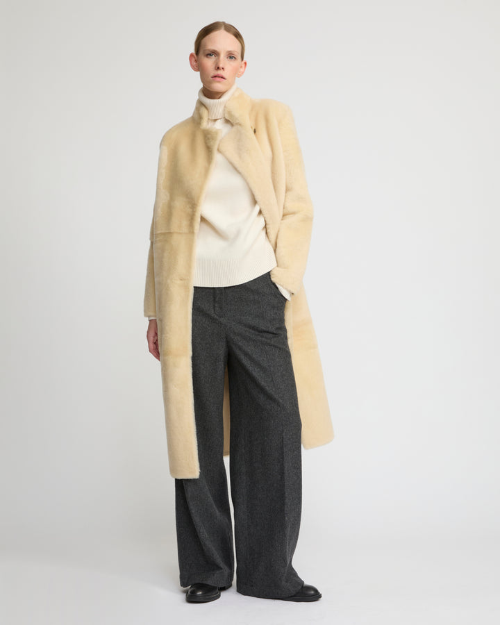 Straight belted shearling coat